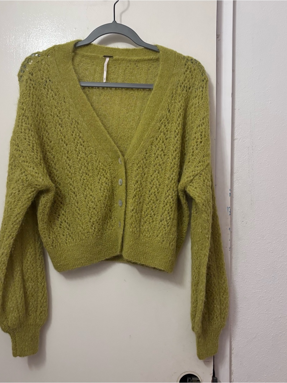 Free People Olive Green Openwork V-Neck Button Cardigan